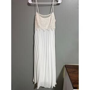 White Lace Bodice Pleated Midi Dress Adjustable Straps Sheer Lined Top Size M